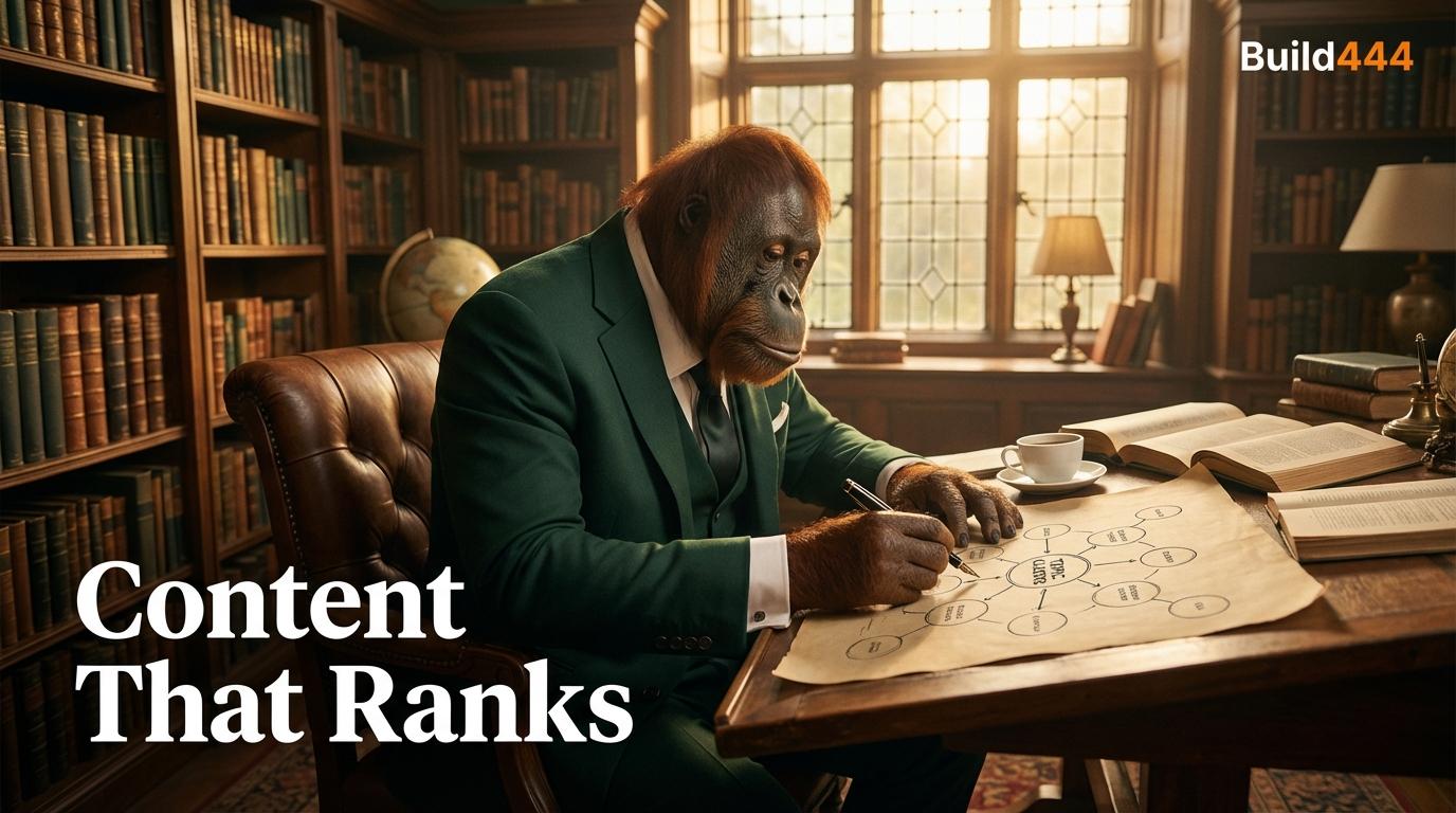 Orangutan in green suit sketching topic cluster diagram with fountain pen in warm study