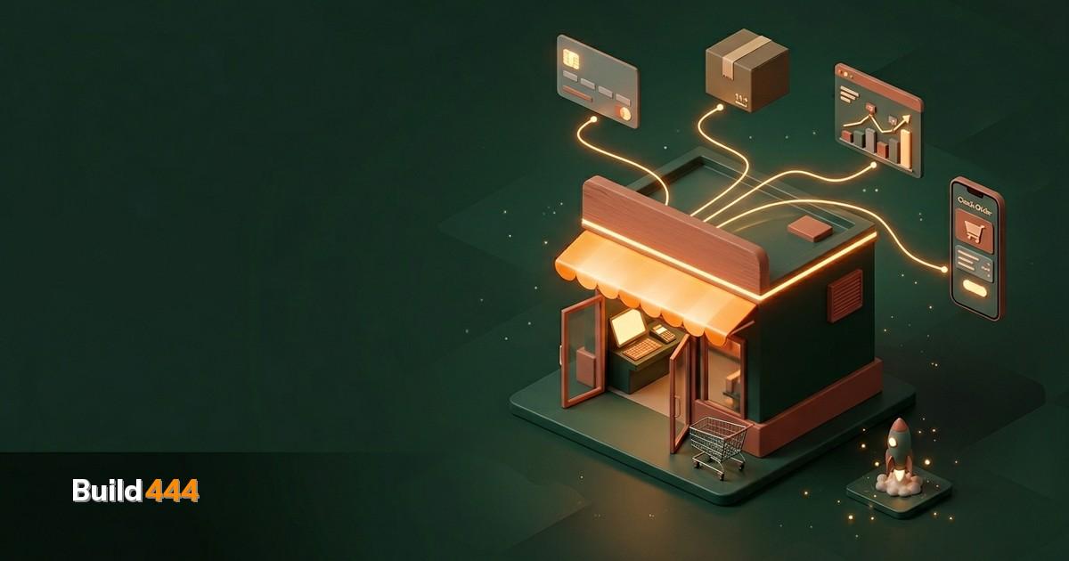 Miniature diorama of a bustling online storefront with tiny packages and a checkout counter