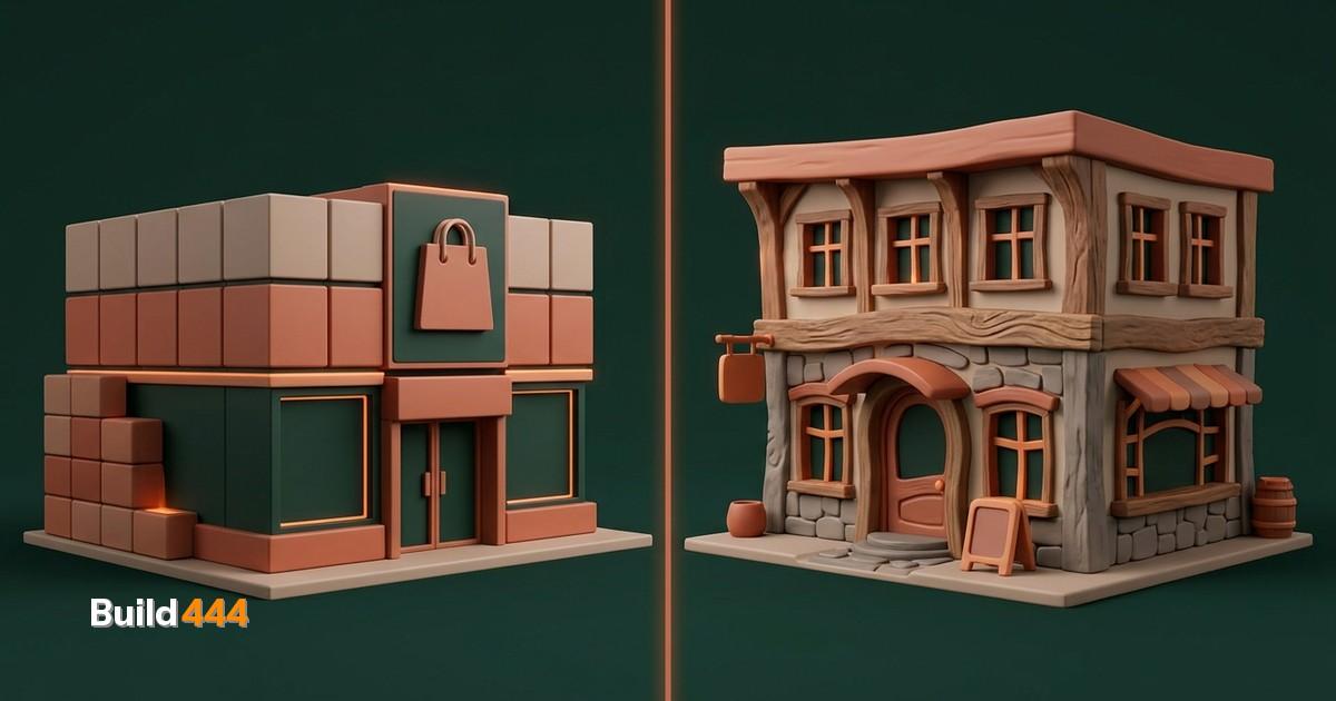 Split-screen miniature diorama showing a Shopify storefront on one side and a custom-coded workspace on the other