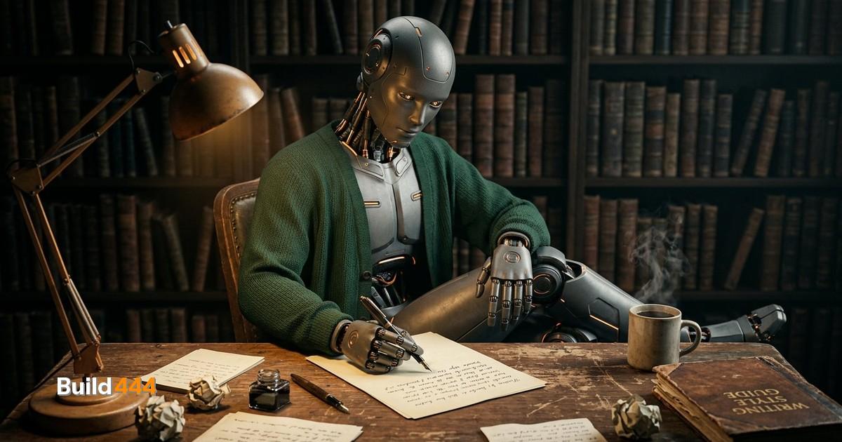 Split-screen illustration der sammenligner AI-genererede tekstmønstre med naturlig menneskelig skrivning