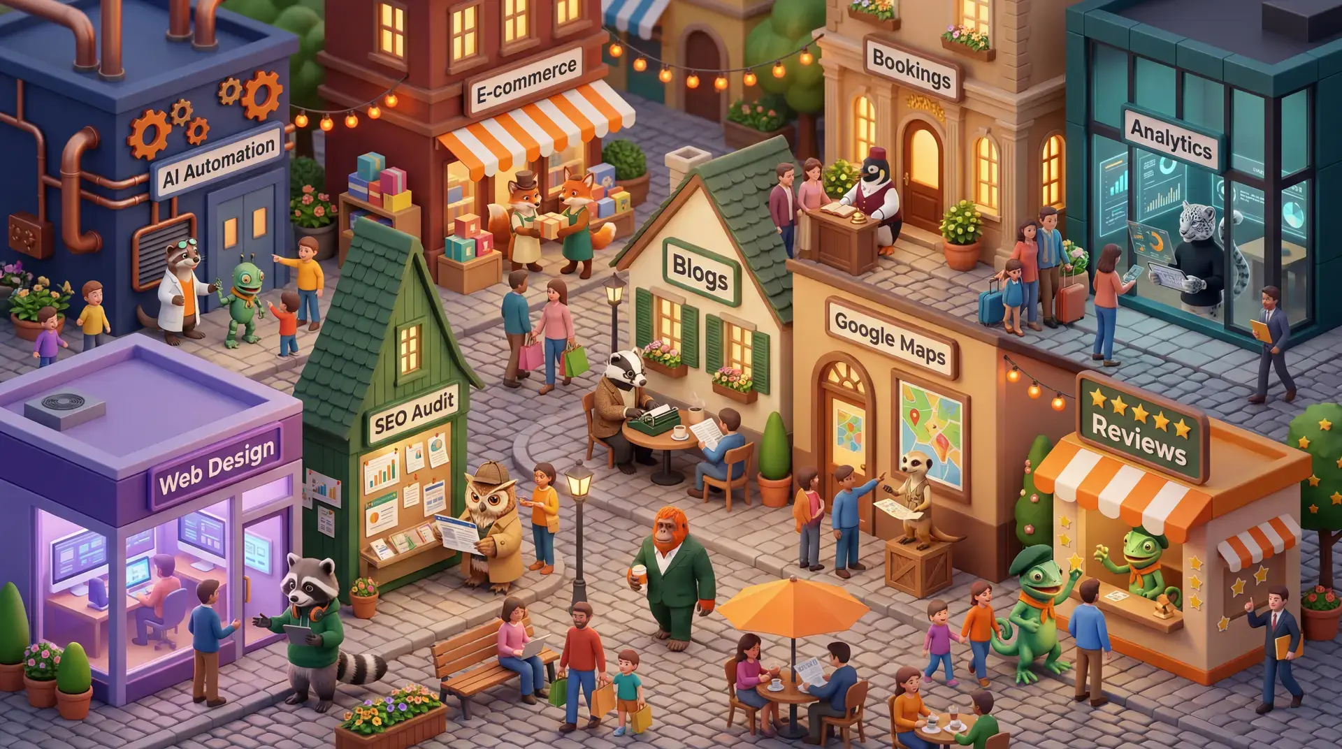 Build444 miniature village diorama — Web Design, SEO Audit, AI Automation, E-commerce, Blogs, Google Maps, Bookings, Reviews, and Analytics shops with unique animal characters serving customers