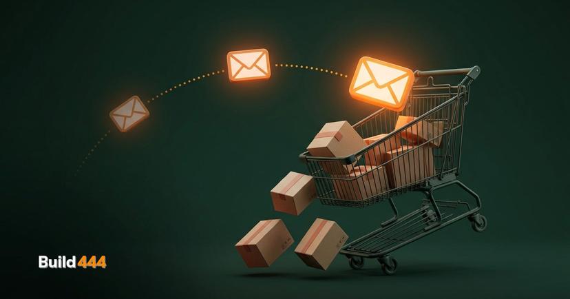 Miniature diorama of a shopping cart trail with tiny email envelopes bringing customers back to the store