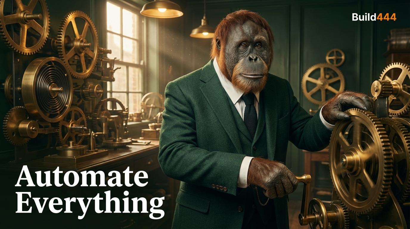 Orangutang i grønt jakkesæt der justerer messingtandhjul i victoriansk urværksværksted