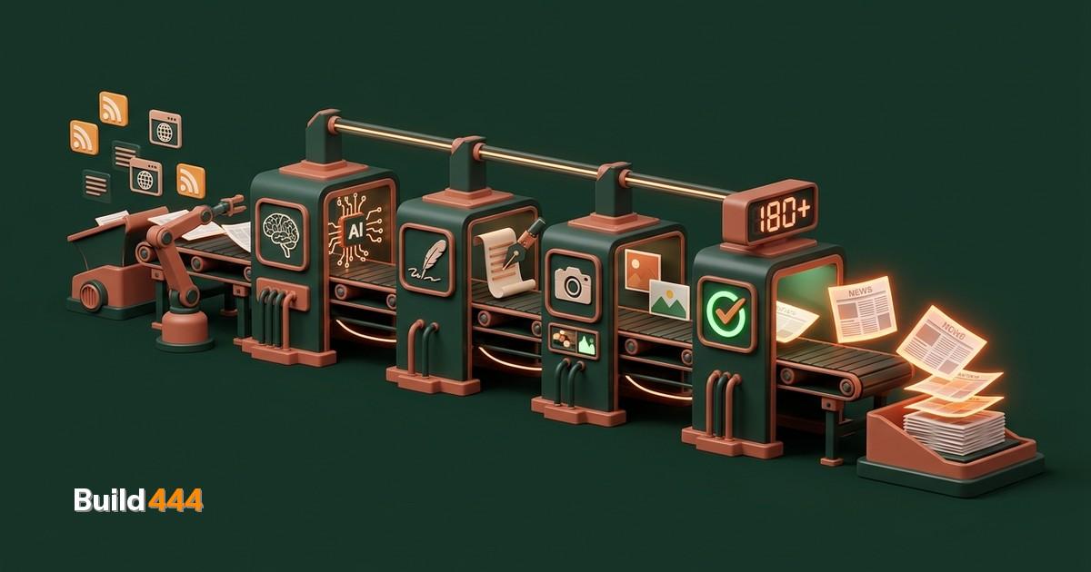 Miniature diorama of a tiny newsroom with conveyor belts carrying newspapers and a robot editor at a desk