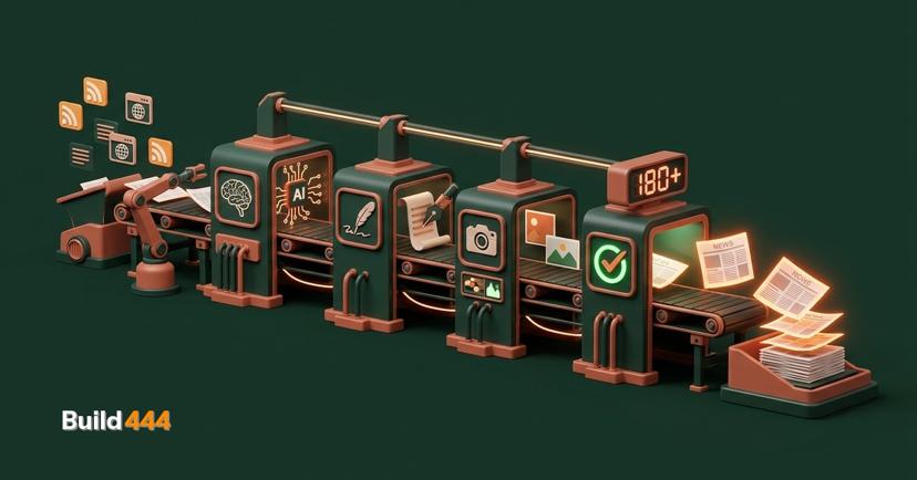 Miniature diorama of a tiny newsroom with conveyor belts carrying newspapers and a robot editor at a desk