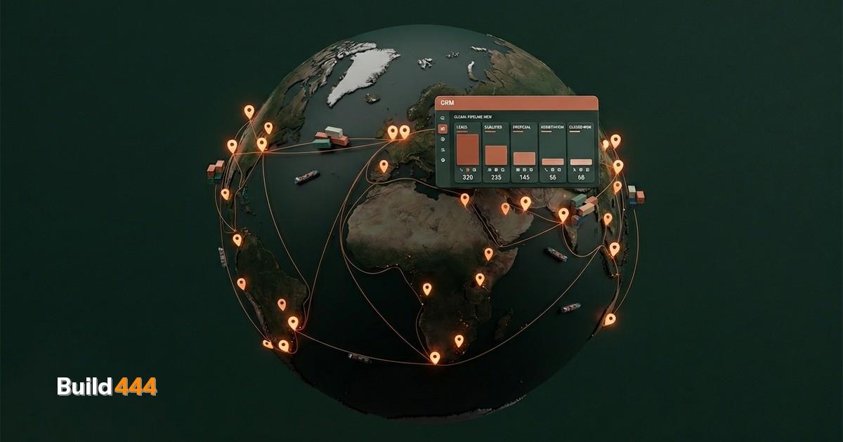 Miniature diorama of a global logistics operation with tiny shipping containers and office buildings across a world map