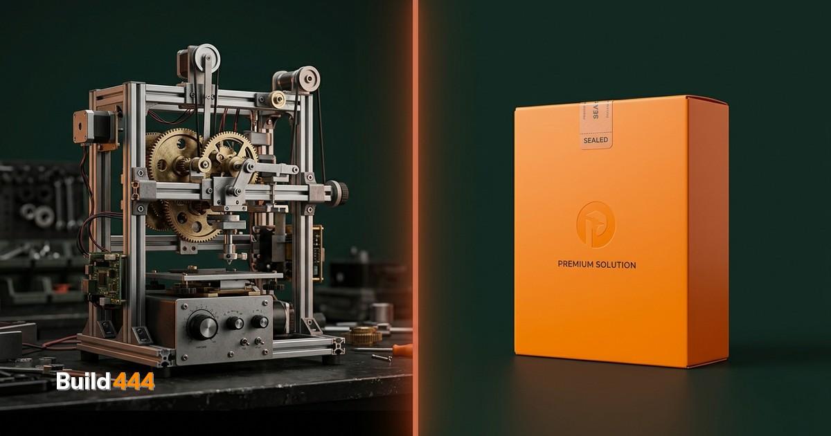Miniature diorama comparing a boxed software package with a hand-built custom workshop