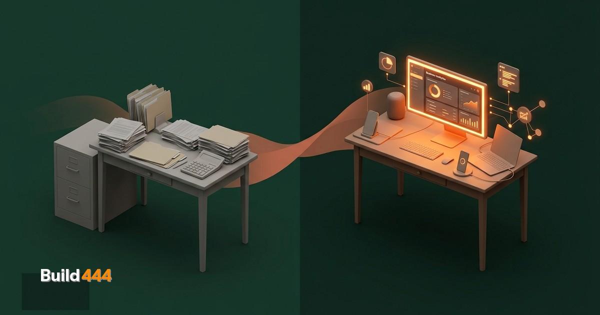 Miniature diorama of a small business storefront being upgraded with digital screens and automated systems