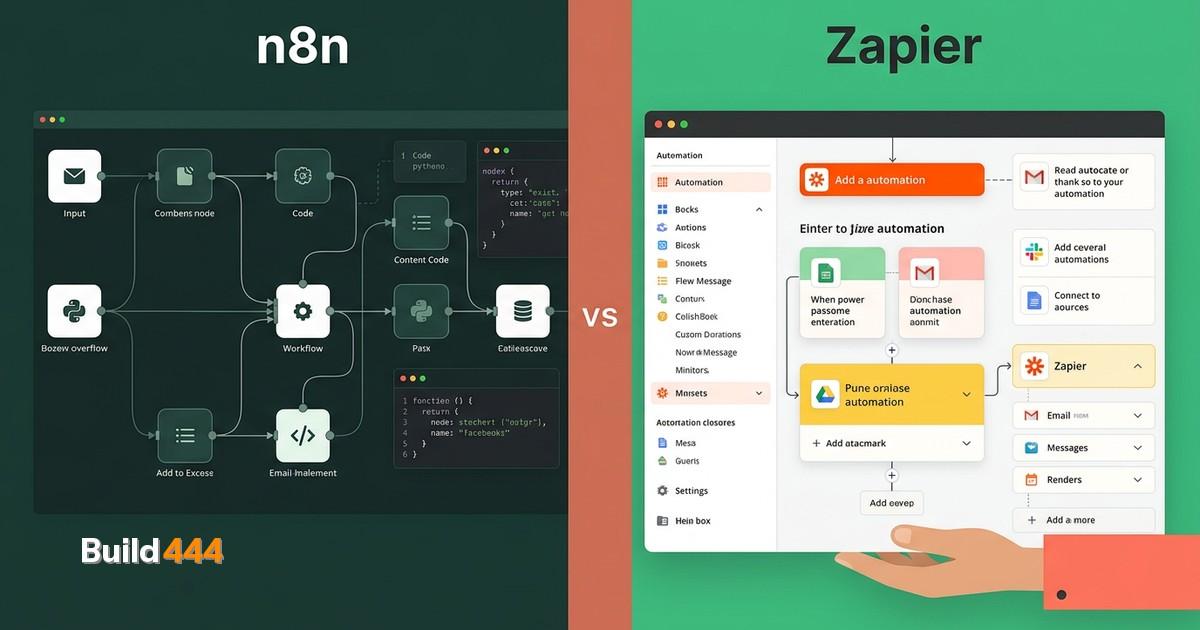 Split-screen comparison of n8n dark technical workflow editor versus Zapier colorful simple automation interface