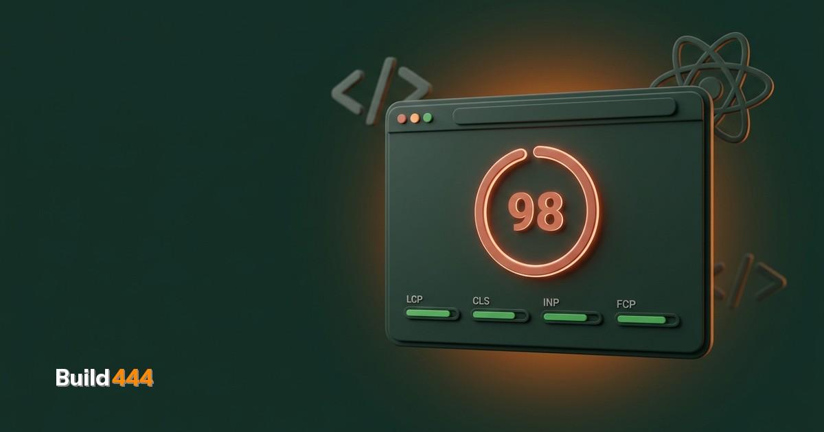 Miniature diorama of a tiny website dashboard showing green performance scores with a magnifying glass over Core Web Vitals