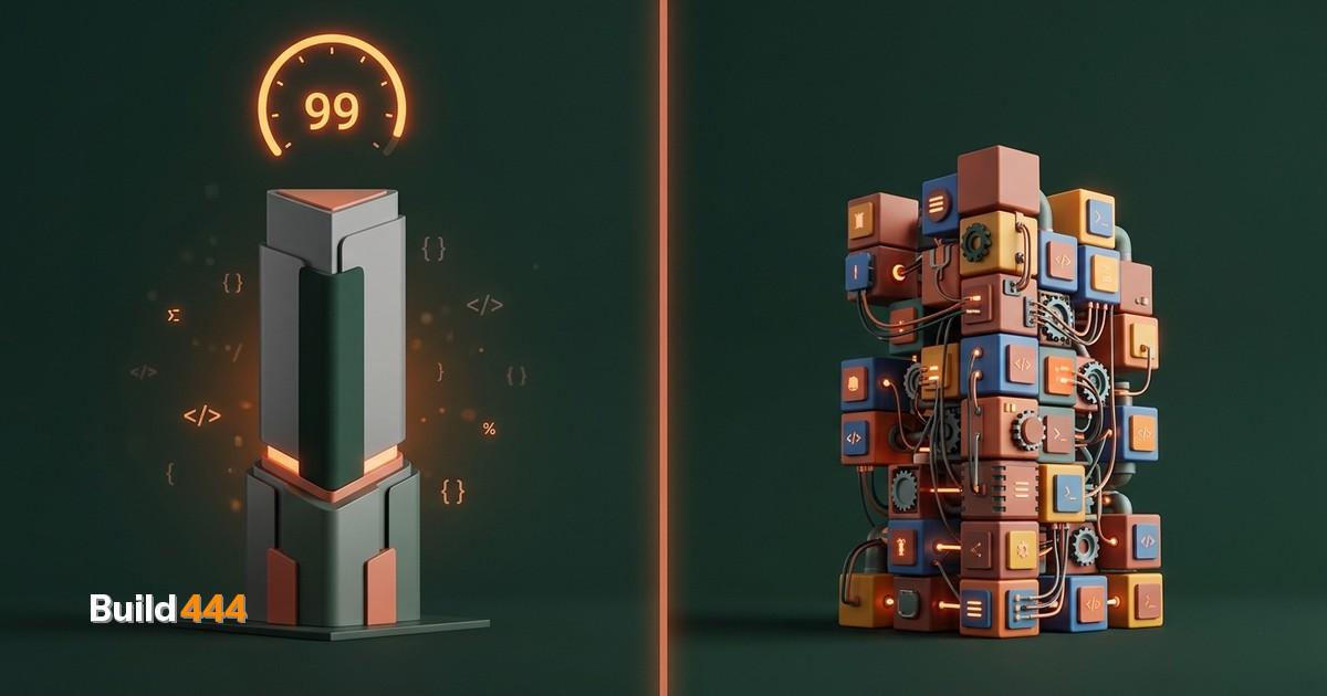 Miniature diorama split scene showing a WordPress dashboard on one side and a Next.js code editor on the other