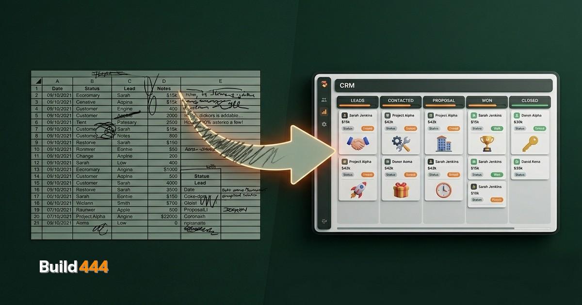 Miniature diorama of an office desk with a spreadsheet transforming into a CRM dashboard