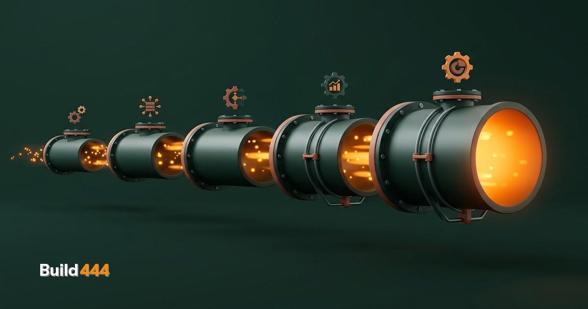 Miniature diorama of a sales pipeline with automated conveyor belts moving tiny deal cards between stages