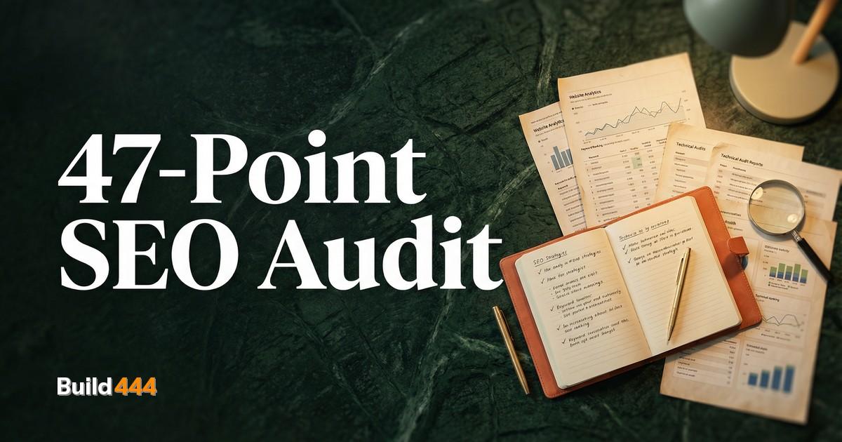 47-point SEO audit checklist spread across a professional dark green workspace with analytics data