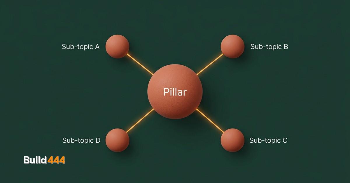 Indholdsklynge-diagram der viser en central pillar-node forbundet til fire spoke-underemne-noder med gyldne linjer på skovgrøn baggrund