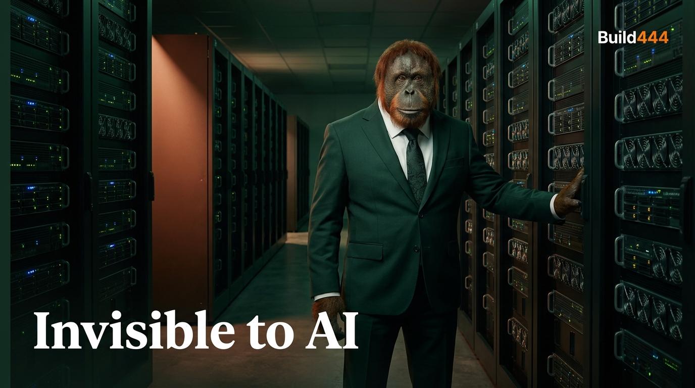 Orangutang i grønt jakkesæt der står i en dunkelt oplyst serverkorridor med hånden på et serverrack