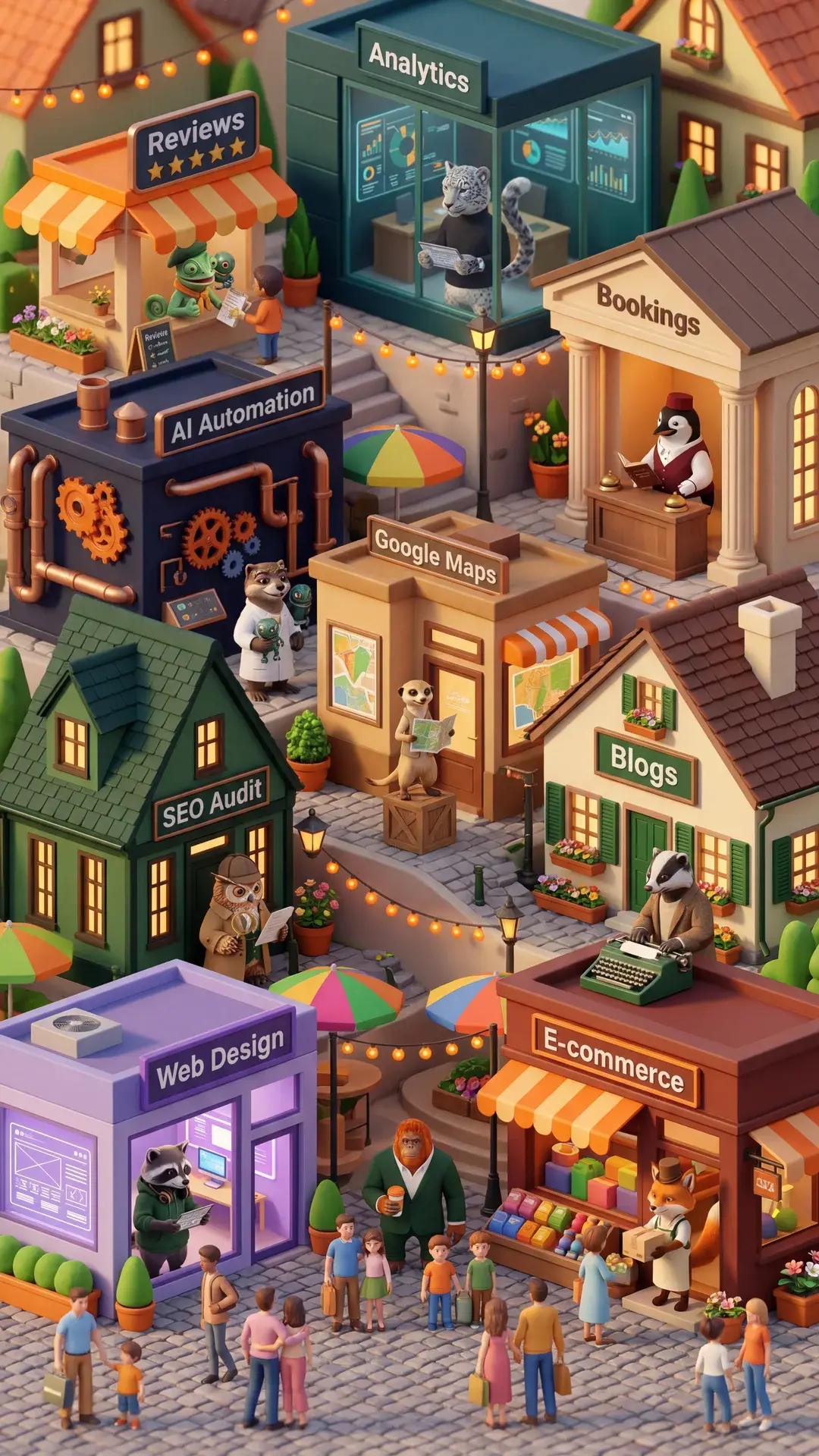 Build444 miniature village diorama — Web Design, SEO Audit, AI Automation, E-commerce, Blogs, Google Maps, Bookings, Reviews, and Analytics shops with unique animal characters serving customers