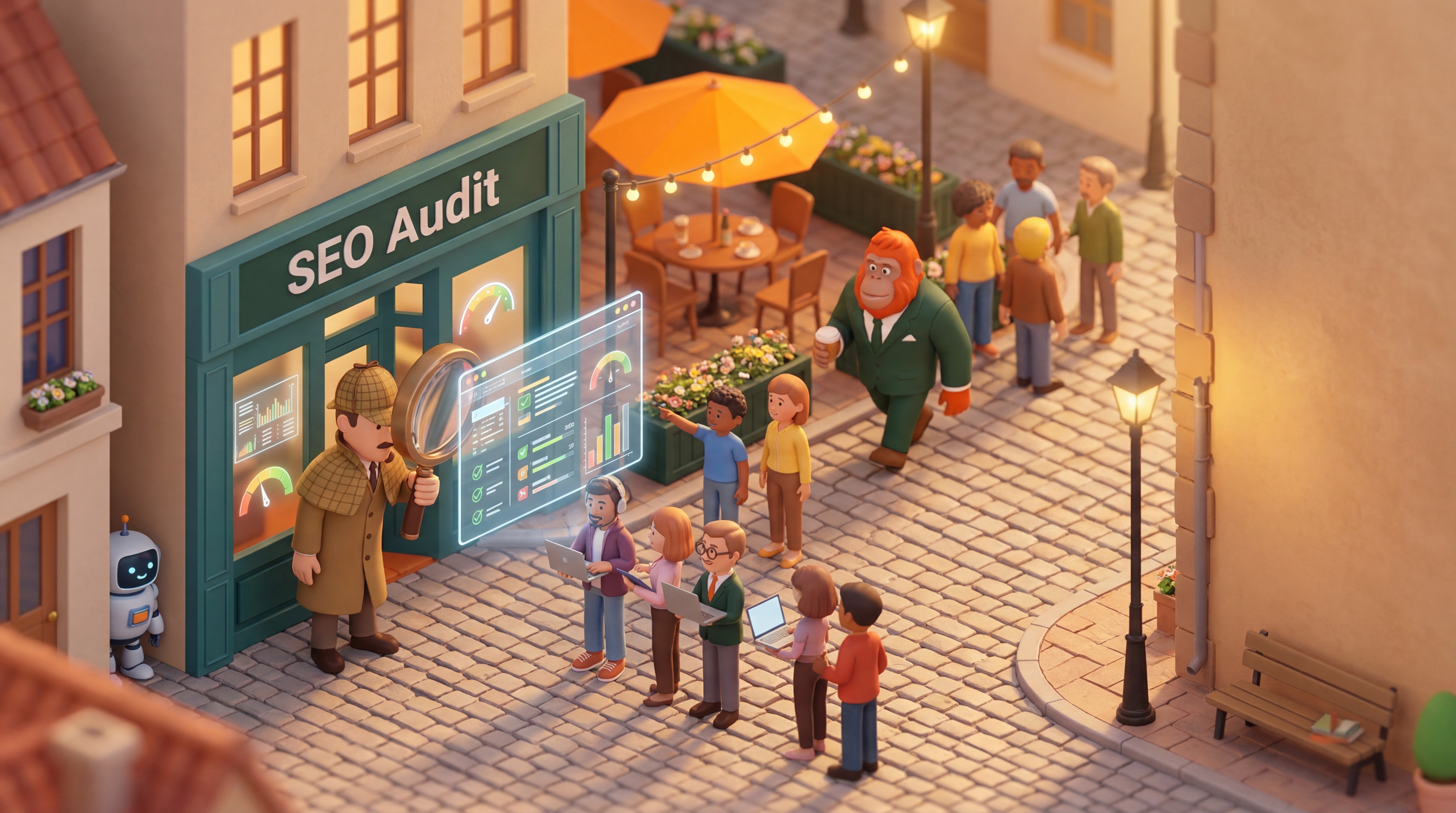 SEO detective analyzing a website with a magnifying glass in a miniature village diorama